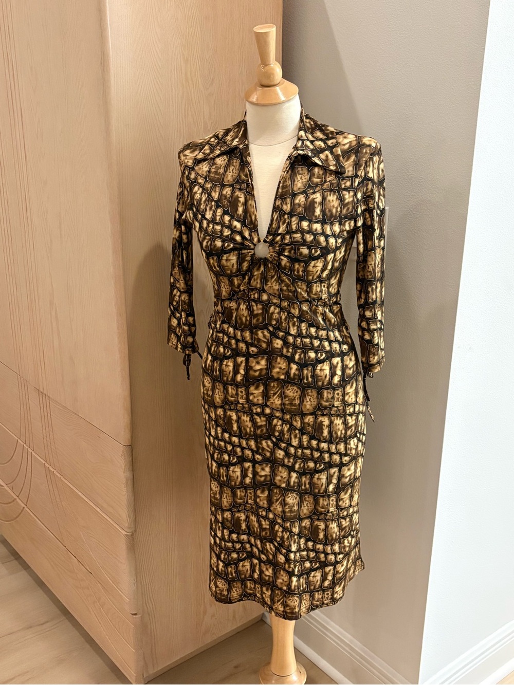 Sharagano Brown Croc-Print Midi Dress with Ring Front